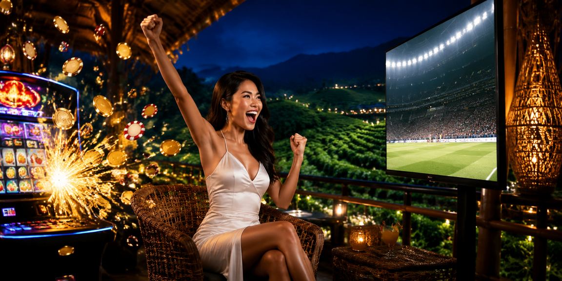 Model Vietnam tersenyum memainkan slot game di smartphone dengan warna cerah