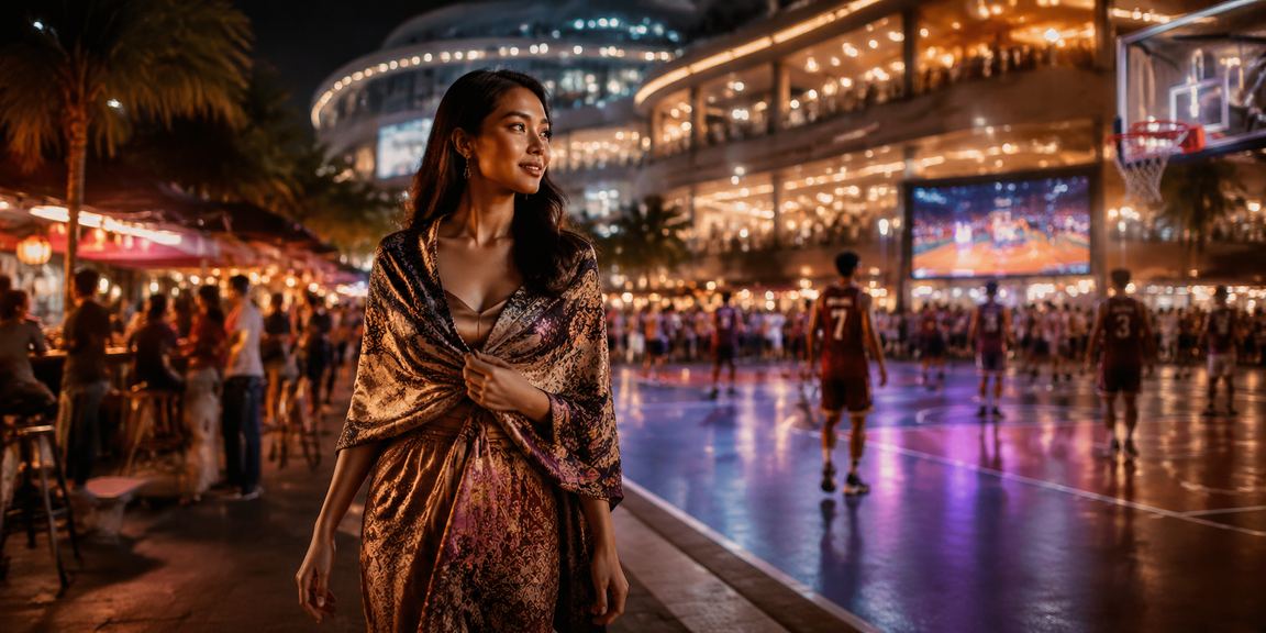 Suasana pasar malam dengan layar besar menampilkan pertandingan basket dan betting